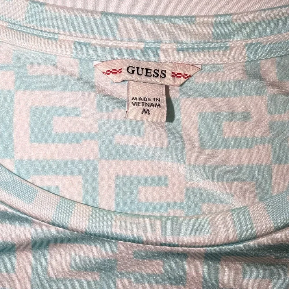 Guess | Slinky Short Sleeve G Checker Logo Top White & Pastel Turquoise | Medium